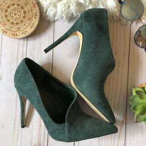 Teal Green Suede Assymetrical Heels Pumps